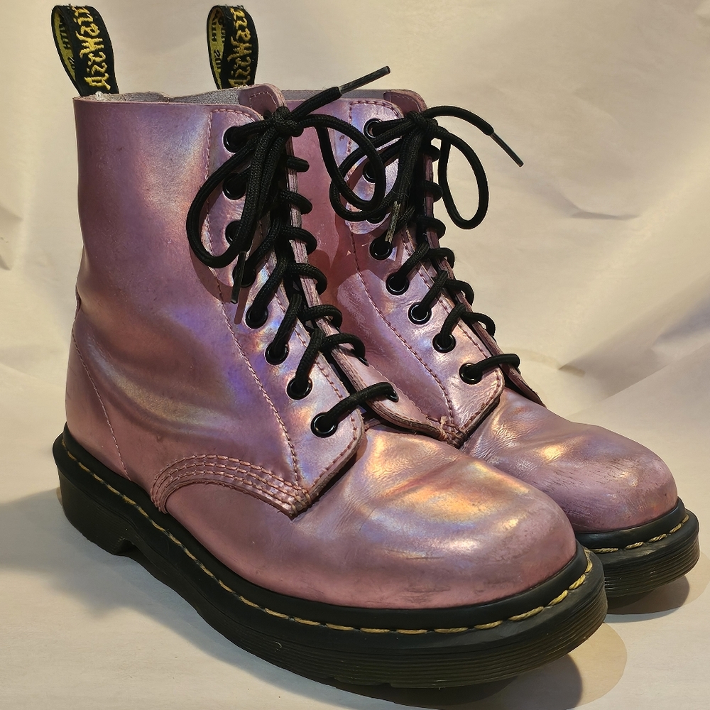 Holographic Pink Doc Marten Pascal Eight-Eye Lace-up Combat Boots Women's 8